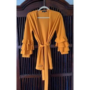 Simply Southern Mustard Ruffle Sleeve Cardigan Belted Size M